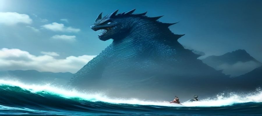 kaiju.ai 生成的海洋巨兽破城概念图，深蓝色调，怪兽体型与摩天楼形成强烈比例对比，水花和建筑碎片细节丰富，电影级构图感